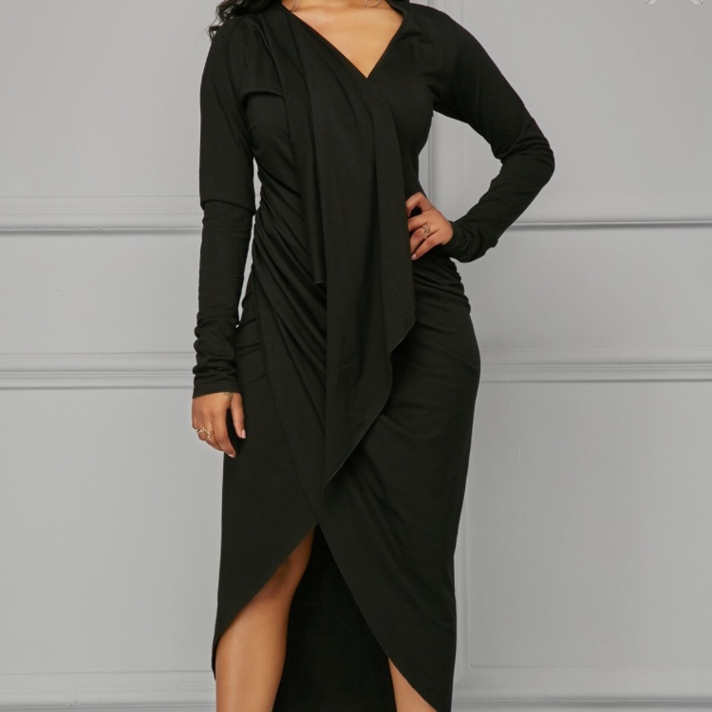 NWOT Black Asymmetric Hem V Neck Draped Dress